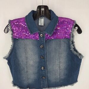 URBAN GROOVE Womens Denim Vest Purple Sequin Dance Fringe Cropped Size SA